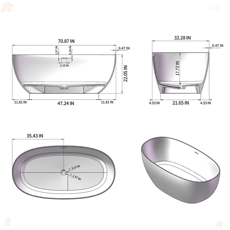 71 Inch Freestanding Solid Surface Soaking Bathtub