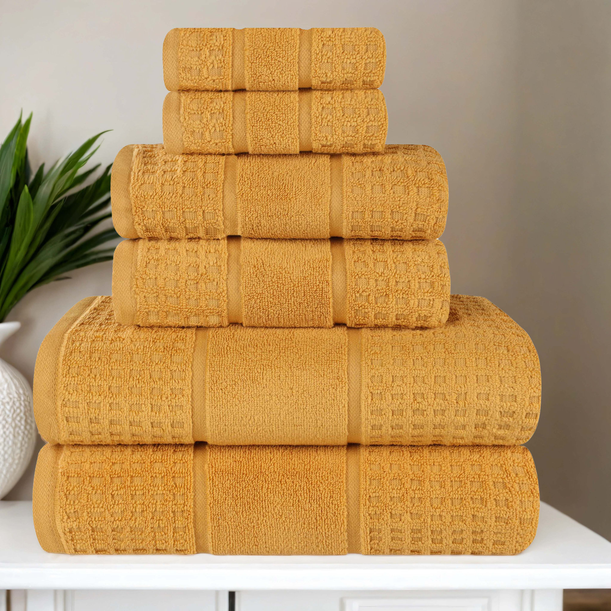 Hisela Zero Twist Cotton Solid Waffle Honeycomb Plush Soft Absorbent Medium Weight Assorted Towel Set, Gold