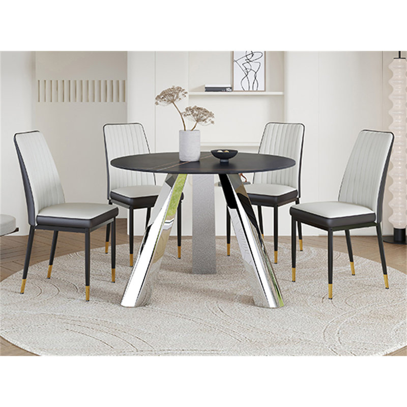 Ensemble de table de salle à manger de 42 pouces avec plateau en granit et pieds en acier inoxydable noir, jumelé à quatre chaises de salle à manger en polyuréthane