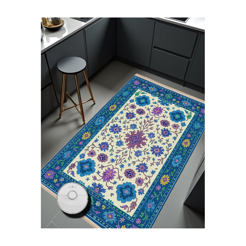 Tapis bleu tissé à motif floral lavable Mosso, 4 pi 7 po x 6 pi 7 po