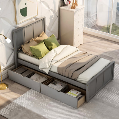 Twin Platform Storage Bed In Gray, With 2 Movable Drawers On Wheels, Solid Wood And & Construction