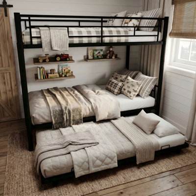 Detachable Black Metal Triple Twin Bunk Bed, 3 Separate Twin Beds, Heavy-Duty Iron Frame, Space Saving Bedroom Storage Solution