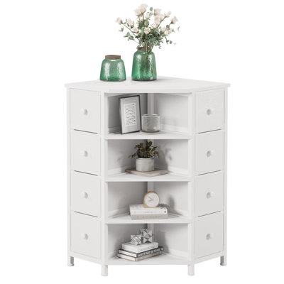 Commode de coin à 8 tiroirs et 4 étagères, meuble de rangement gain de place pour chambre, commode en tissu avec plateau en bois, tour de rangement pour vêtements pour chambre, dressing, salon