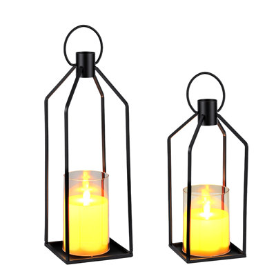 Ensemble de lanternes modernes à DEL pour bougie - 2 supports décoratifs en métal noir avec bougies sans flamme scintillantes, télécommande et minuterie - Centre de table intérieur pour foyer, porche, table - 12 po et 15 po sable noir