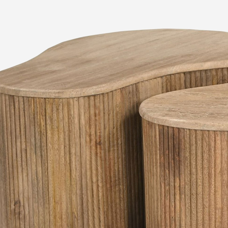 Ensemble de 3 tables basses Cid Ata, marbre beige, bois de manguier massif artisanal