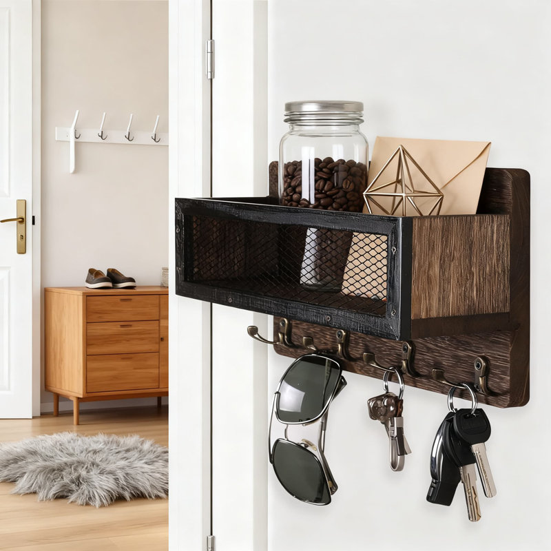 Organisateur de courrier mural et porte-clés avec 4 crochets doubles, décoration d'entrée en bois massif rustique pour clés, courrier et articles essentiels