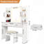 Bureau de coiffeuse avec miroir et lumières, coiffeuse de maquillage avec 2 tiroirs et 6 tablettes de rangement, 3 modes d'éclairage à luminosité réglable, coiffeuse avec prise de courant et tabouret rembourré pour la chambre à coucher