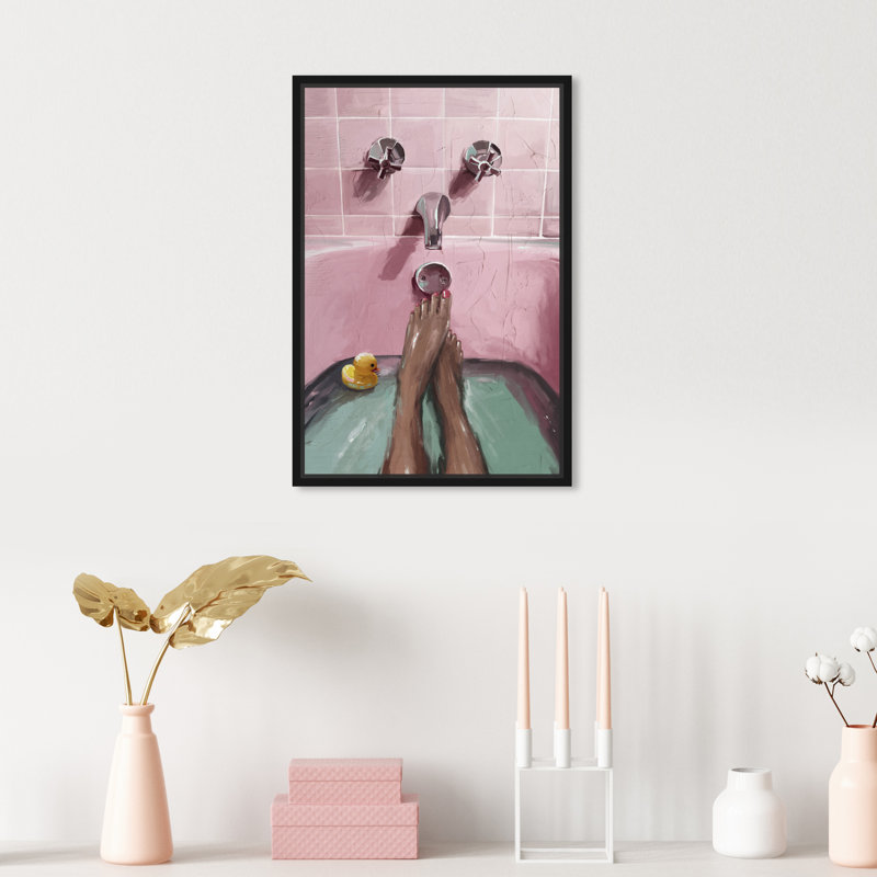 «Pink Bath Lounge», peinture sur toile à cadre flottant, H 15 po x l 10 po, Toile de bois noire