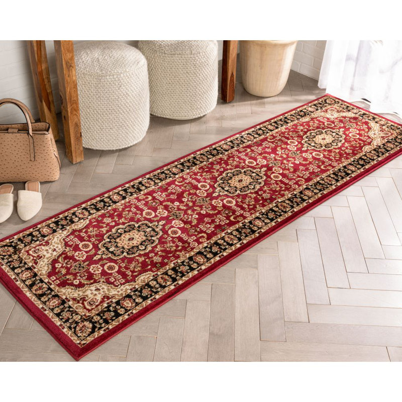 Romulus Power Loom Red/Beige/Black Medallion Kashan Rug, Runner 67 x 220cm