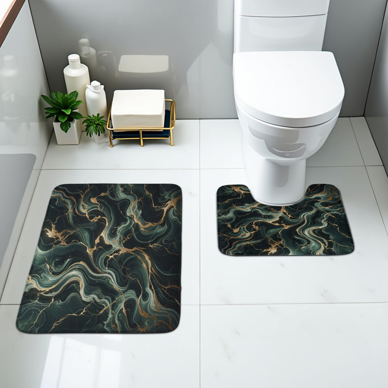  Dark Green Bathroom Rug Set 2 Pieces Rectangle & Contour Mats Emerald Sand Brown
