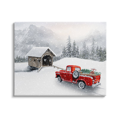 Paysage de montagne relaxant enneigé, camion rouge, art numérique de la giclée noire encadrée par Michael Shelton