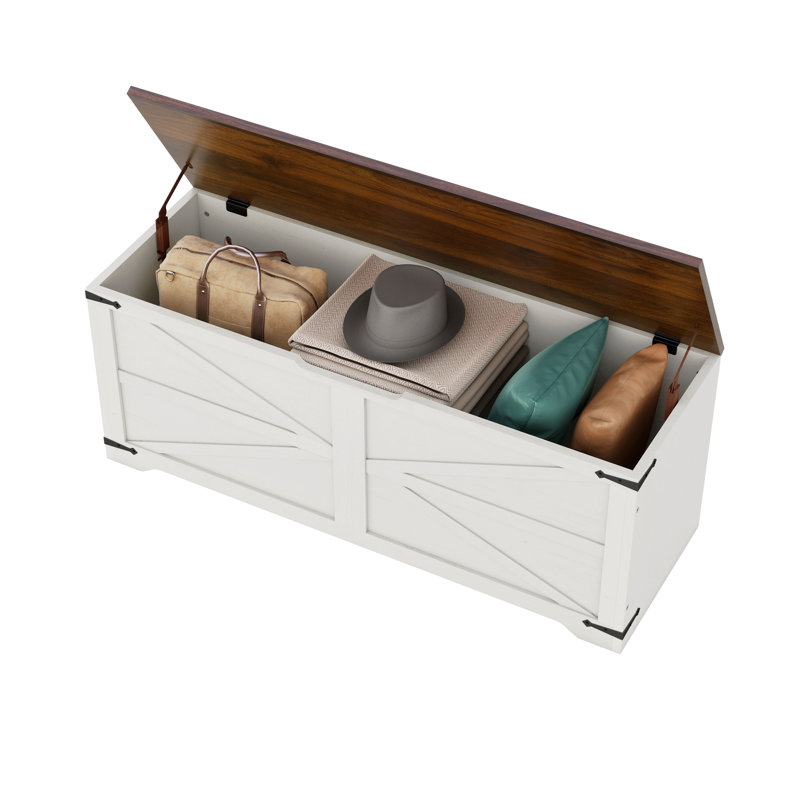 Farmhouse Storage Trunk Organizer Chest Bench Trunk With 2 Safety Hinges For Entryway, Bedroom And Living Room, Brown/White