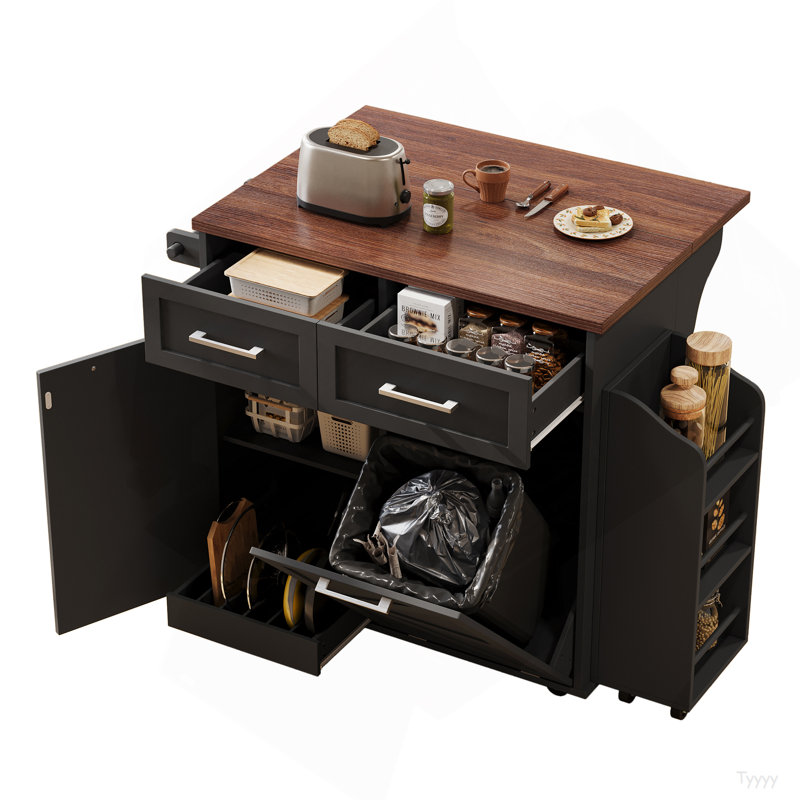 47.2" Farmhouse Kitchen Island With Drop Leaf, Kitchen Storage Island With Removable Side Racks, Two Drawers, Rolling Kitchen Cart On Wheels With Towel Rack, For Home, Kitchen, Dining Room