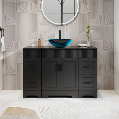 Meuble-lavabo de 48 po avec lavabo vasque, robinet, plateau en bois manufacturé Cafferata, 2 armoires de salle de bain latérales, peinture résistante à l'eau