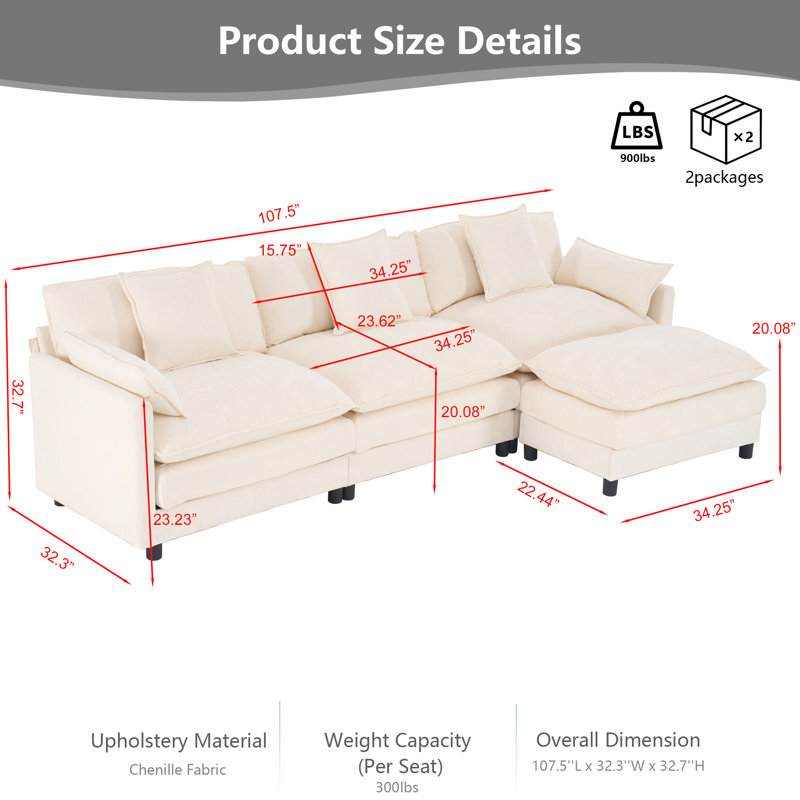108" L-Shaped Modular Sectional Cloud Couch with Ottoman, Chenille Sofa with Deep Seating and Pillows, Modern Cloud Sofa for Living Room, Bedroom and Apartment