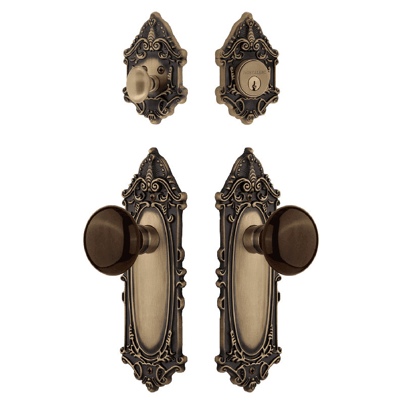 Nostalgic Warehouse Victorian Entry Set with Brown Porcelain Knob, Antique Brass