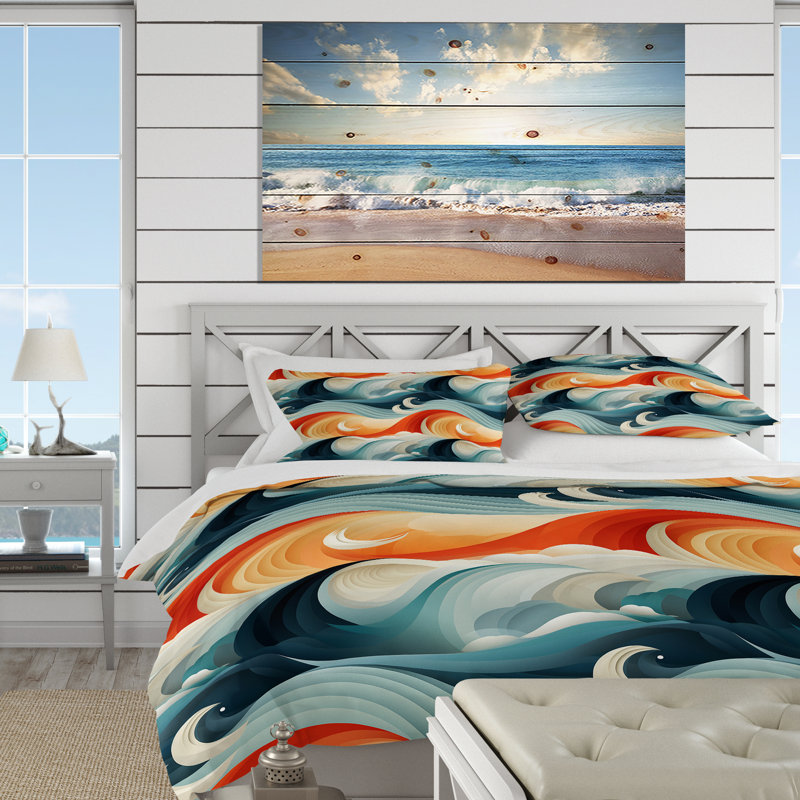 Blue And Orange Wave - Ensemble de housse de couette bord de mer, Housse de couette simple + 1 taie décorative stan