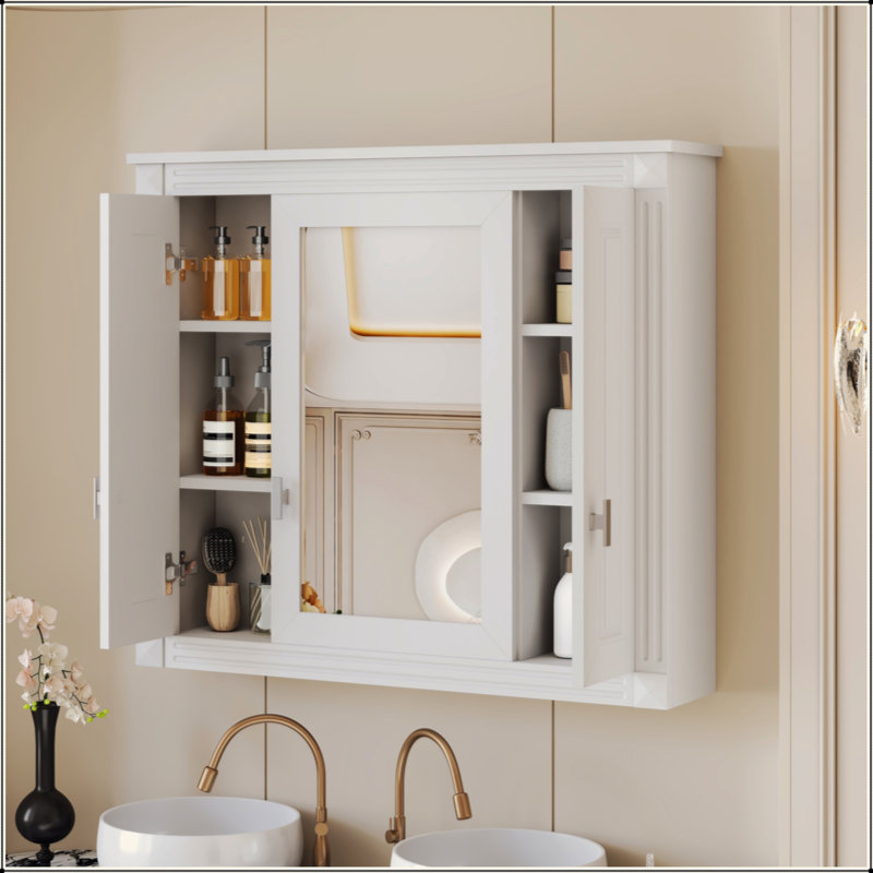 Armoire de salle de bain avec miroir, armoire à pharmacie murale avec 4 tablettes, armoire de rangement avec miroir