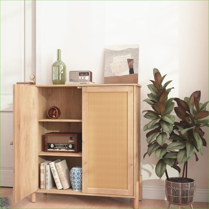 Armoires | Armoire de rangement Mid-Century moderne, portes en rotin tissé, tablettes réglables, pieds en bois massif | Beige | Panneau de particules