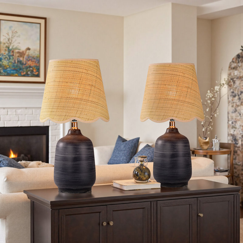 Ceramic Table Lamp With Scallop Shade, Striped Black