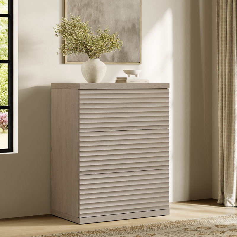 Modern Fluted 3-Drawer Dresser With Pop - Up Design, White Alder