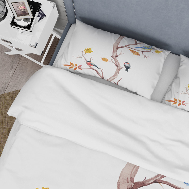 «Little Birds On The Tree Branches IV» - Ensemble de housse de couette traditionnel - Microfibre de polyester