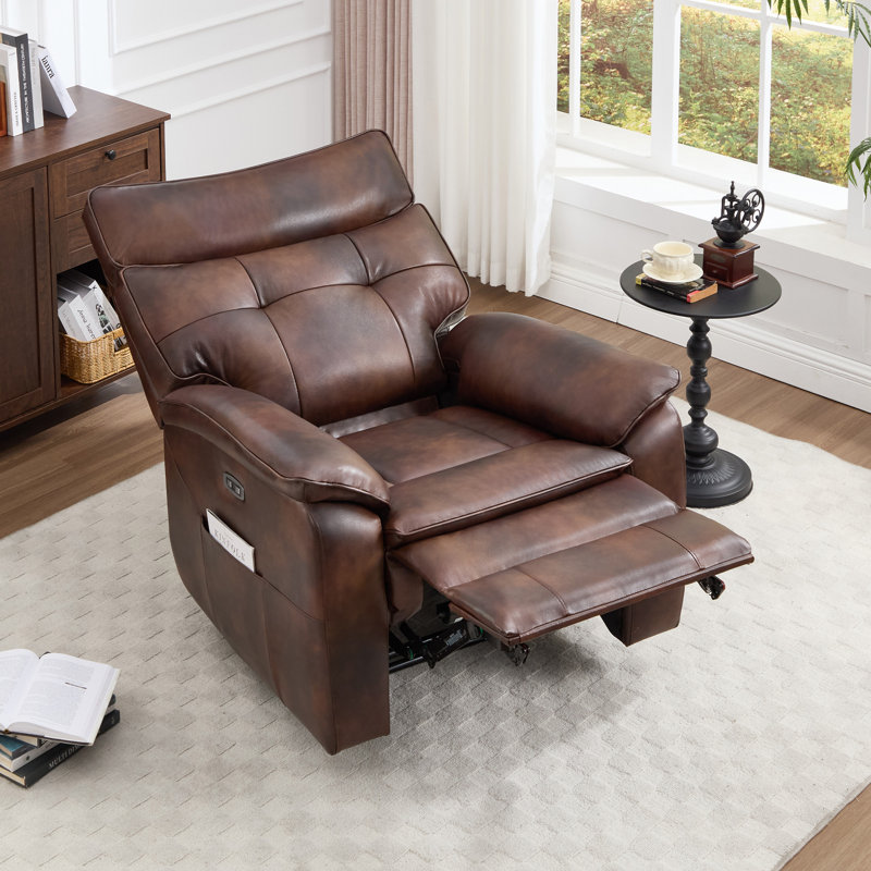 35.8" Wide Sleek Modern Top Genuine Leather Upholstered Power Recliner With Side Pocket & USB Port, Brown