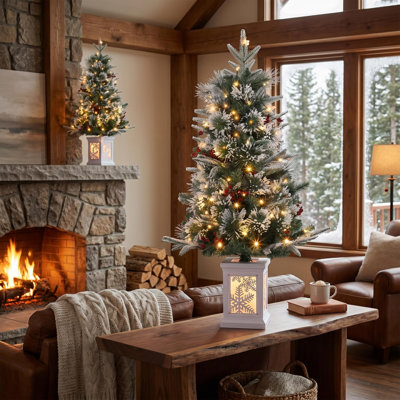 Mini arbre de Noël artificiel 3 pi avec 78 lumières DEL blanc chaud et fibre optique et boîte en forme de flocon de neige (ensemble de 2)