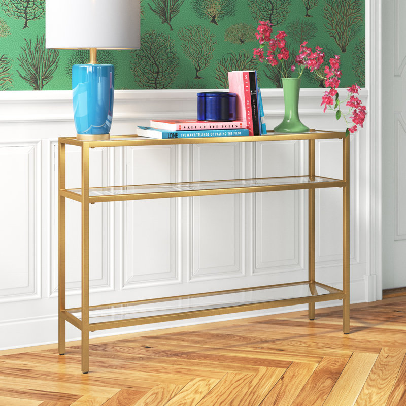 Ceno Glass Top Console Table, Brass, 30" H x 42" W x 10" D