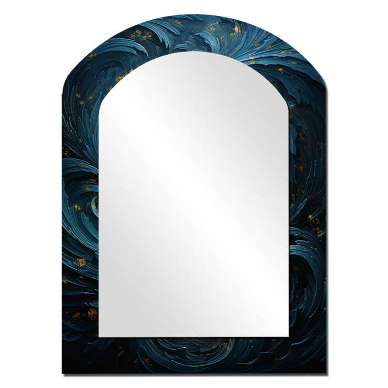 Blue Fury Waves Spiral I - Abstract Spirals Asymmetrical Large Wall Mirror, Modern Arch Unique Mirror, Printed Metal Art
