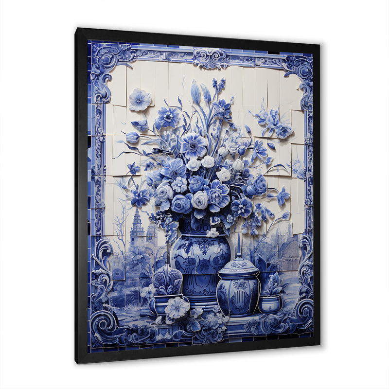 Art mural bleu et blanc Boho Flower Pottery II - Boho Pottery, Cadre photo noir simple, H 44 po x l 34 po x P 1,5 po