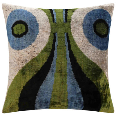 Handmade Silk Velvet Abstract Throw Pillow - 16X16, Bold Green, Blue, And Black Design With Down Feather Insert