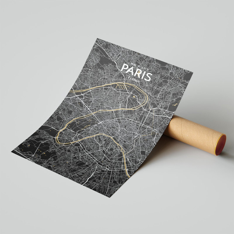 Carte de Paris, impression nautique, H 17 po x l 11 po x P 0,05 po, Noir et or