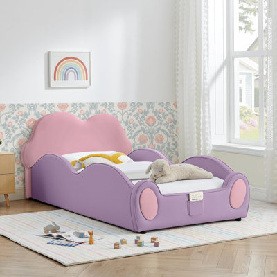 Twin Upholstered Kids Bed with Guardrails, Cute Cloud Shape Montessori Floor Bed, PU Leather Twin Bed Frame with Storage Pocket, Low Profile Bed Frame for Kids,Pink/Purple