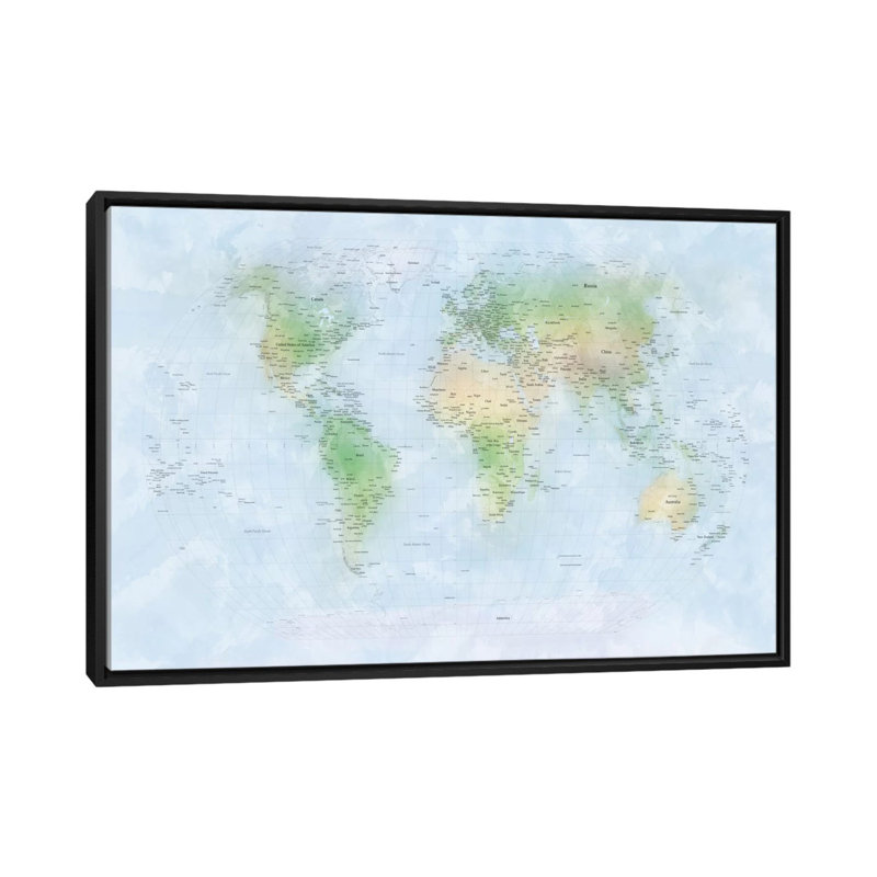 « world map iii », impression sur toile, Toile avec cadre noir, Pas de tapis, H 32 po x l 48 po x P 1,5 po