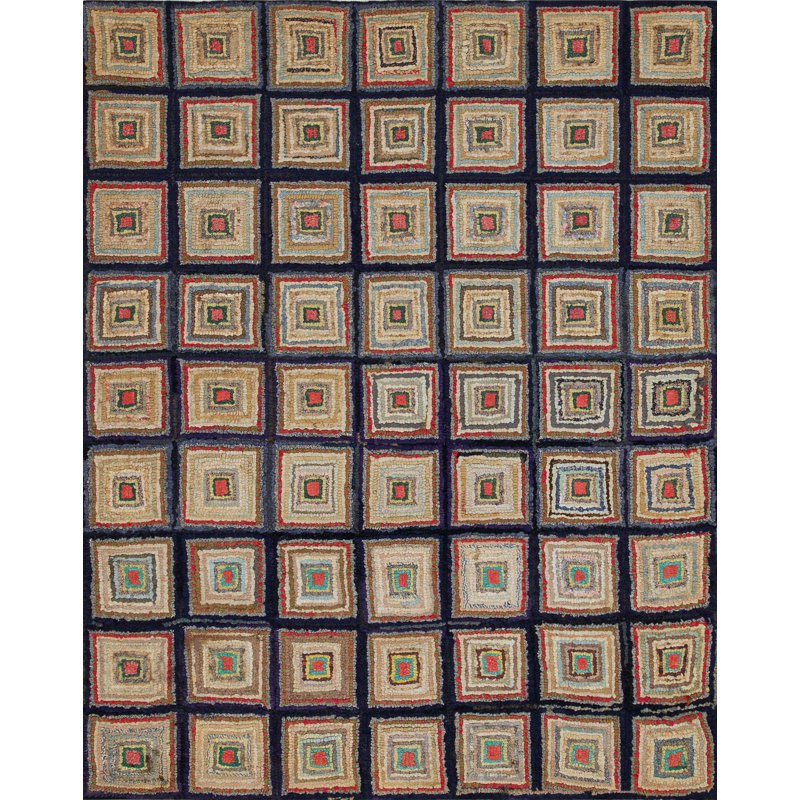 Small Square Antique Late 19th Century American Log Cabin Folk Art Design Hooked Rug