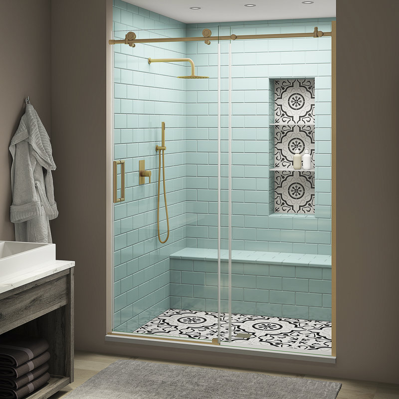 Coraline XL 60" W x 80" H Single Sliding Frameless Shower Door, Left Opening, Gold