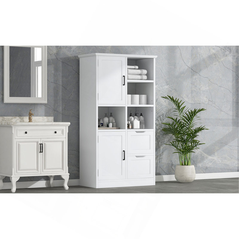Armoire de rangement pour salle de bain avec portes et tiroirs, plusieurs espaces de rangement, style autoportant, tablette ouverte, tablette réglable, blanc