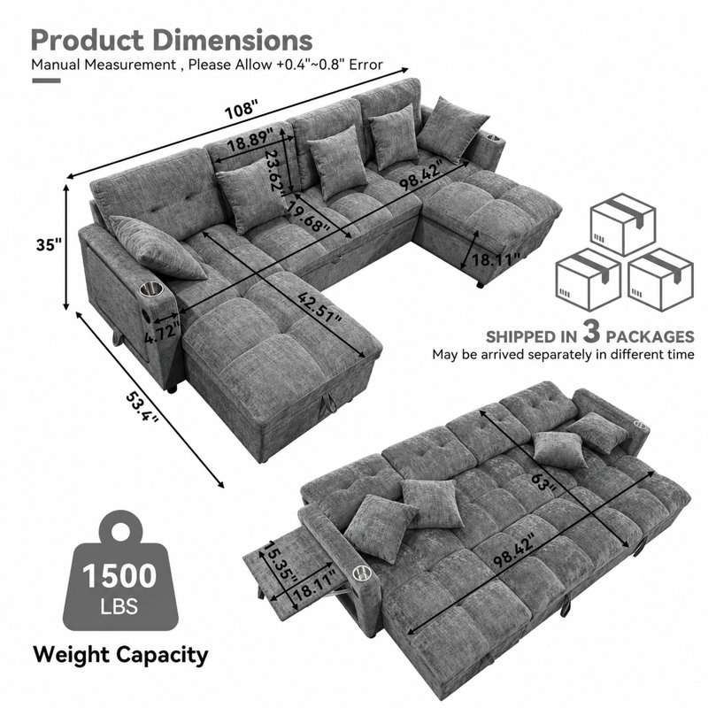 Canapé-lit modulaire en velours en forme de U de 274 cm (108 po), canapé-lit gigogne 2 en 1 avec méridienne double de rangement, canapé d'angle pour salon, gris foncé