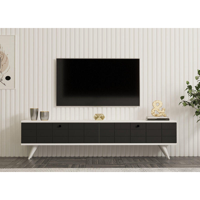 Meuble télé moderne avec porte en bois massif, anthracite et blanc, 63,0 x 13,8 x 13,0 pouces | 100% panneau de particules enduit de mélamine, épaisseur: 0,7 pouce | Plusieurs tablettes et rangements, conception géométrique élégante pour le salon