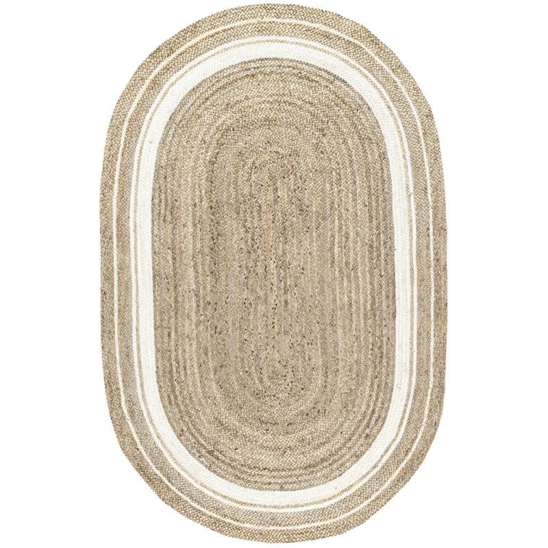 Tapis blanc cassé / naturel en jute avec bordure pour la salle à manger, le salon ou la cuisine Ankita, Ovale 3 pi x 5 pi