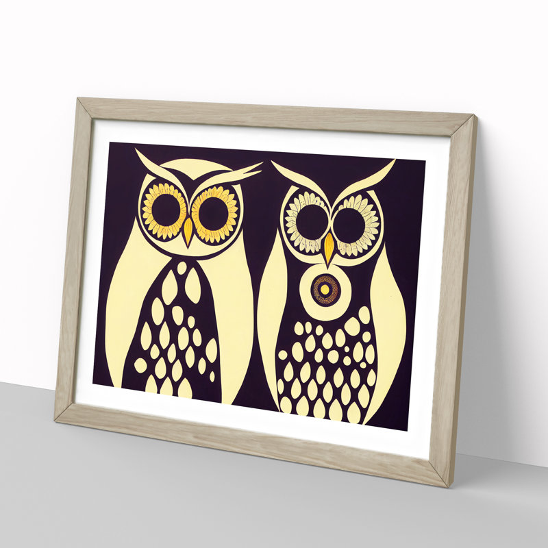 Retro Owls - Single Picture Frame Painting, 46cm H x 64cm W x 2cm D, Oak Framed