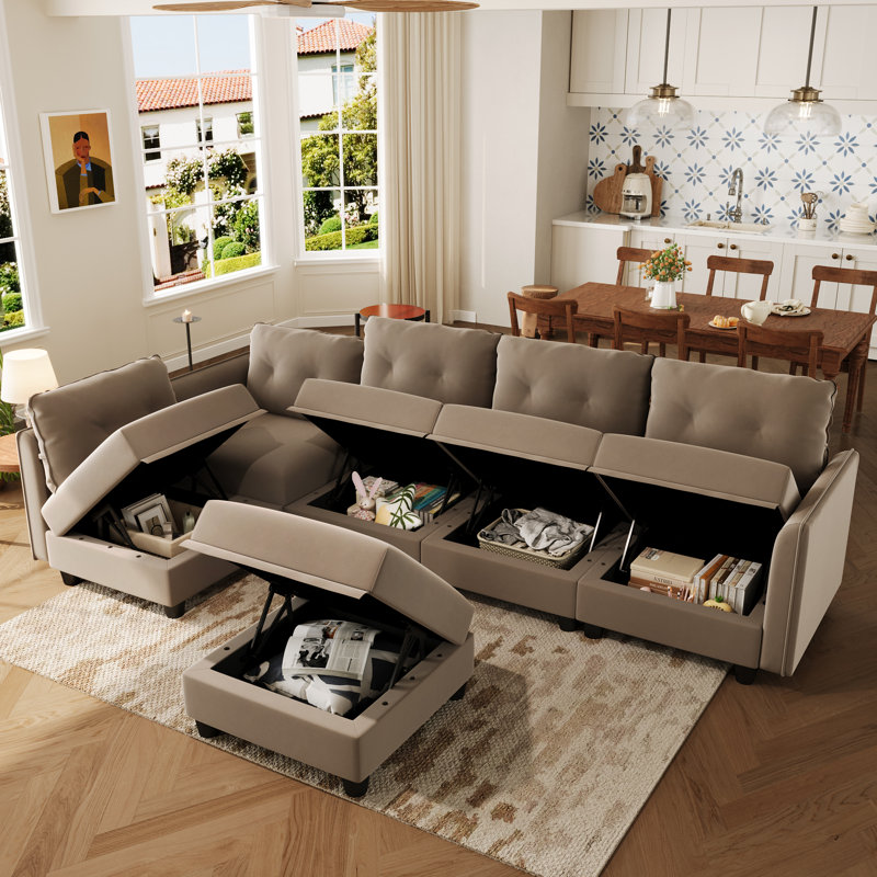 Tomario 6- Piece Upholstered L-Shaped Modular Sectional With Storage, Brown Polyester
