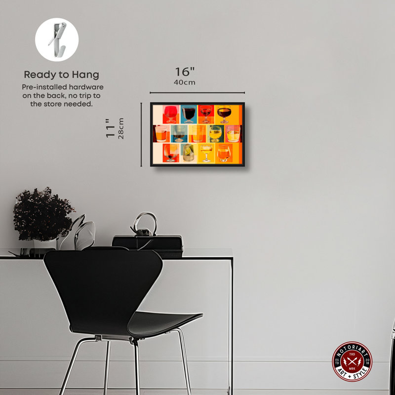 "Drinks On The Line Retro Drinks Bar Cart", impression murale par Notoriart, Cadre noir, H 11 po x l 16 po