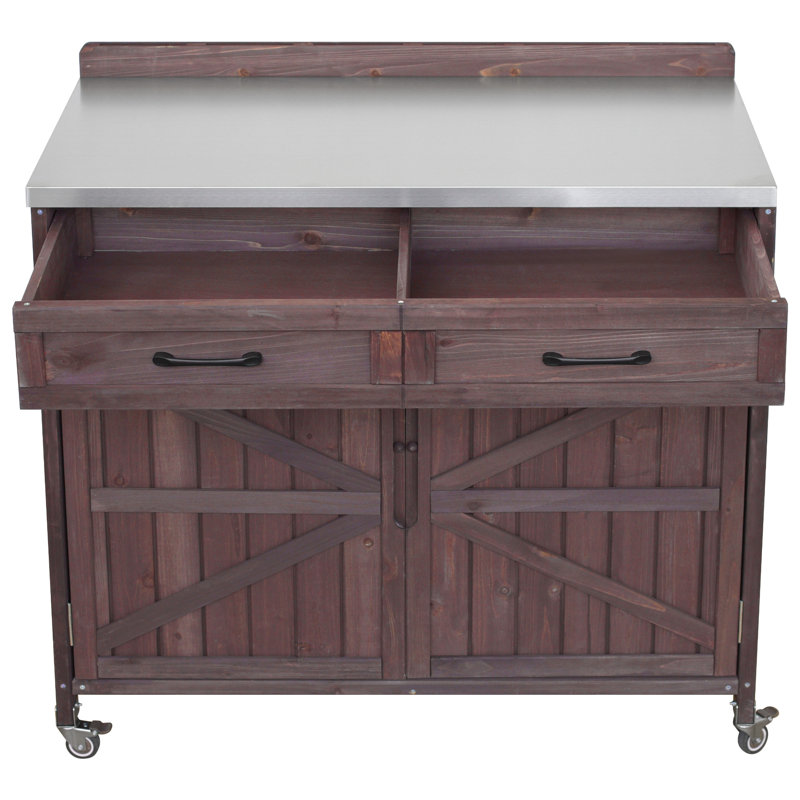 Chariot de barbecue extérieur avec plateau en acier inoxydable, Brun