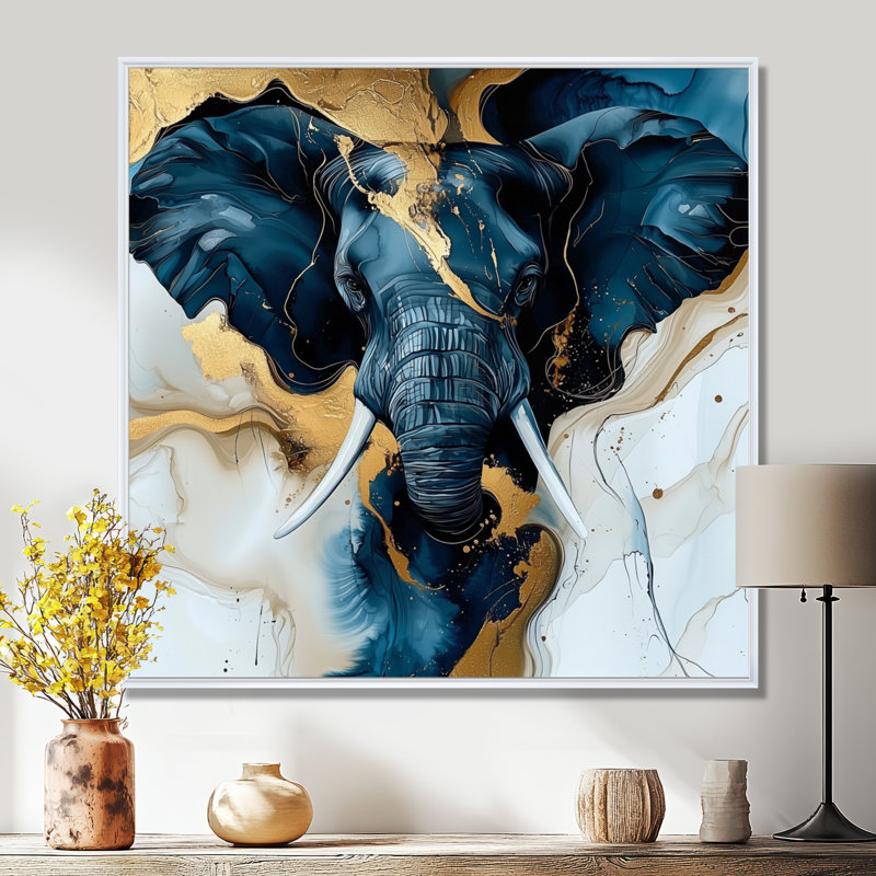 Glam Elephant Marble Giant I - Éléphant, art mural, Reproduction avec cadre flottant, H 36 po x l 36 po, Blanc