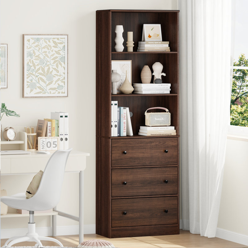 Bibliothèque standard H 70,9 po x l 23,6 po avec 2 tablettes ouvertes et 3 tiroirs, Brun