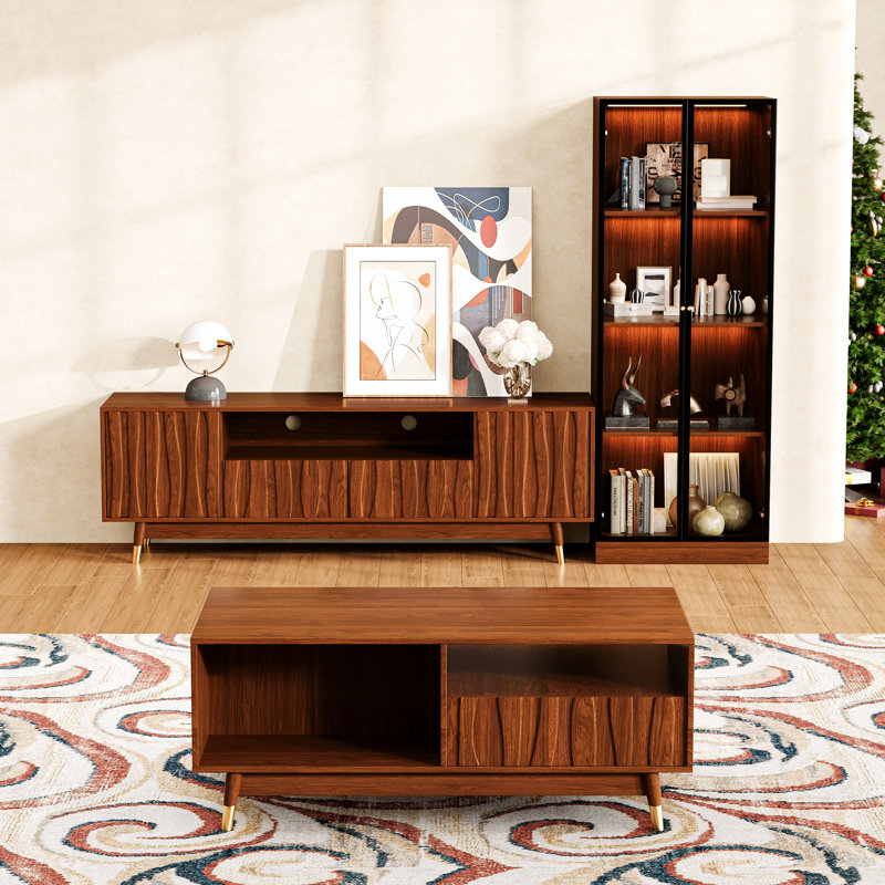 Walnut Finish Media Console Set Of 3 With Tv Stand, 4-tier Glass Display Case And Coffee Table For Living Room, Luxury Mid-century Modern Wood Entertainment Center With Drawers And Storage For 45/55/65 Inch Tv, Brown