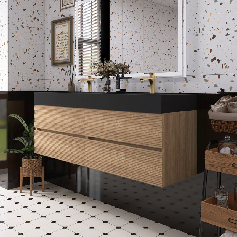 Bathroom Vanity Matte Black Engineered Quartz Sink, 60"