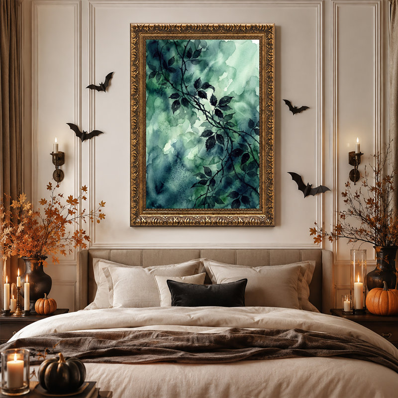 Vines épineuses foncées sur fond aquarelle vert turquoise, toile murale d'Halloween, H 30 po x l 20 po